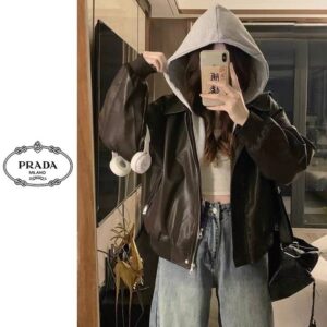 프라다 레이어드 후드 레더자켓