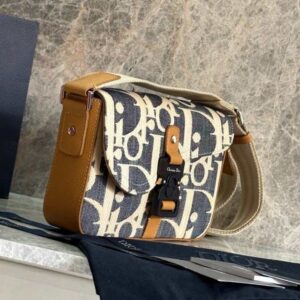디올 Saddle Messenger Bag Raffia Effect Di*r Oblique Denim with Grained Calfskin Blue Beige Brown