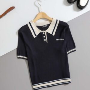 미우미우 [ Miu ] 스트라이프 배색 숏 슬리브 니트 & 플리츠 스커트 SET