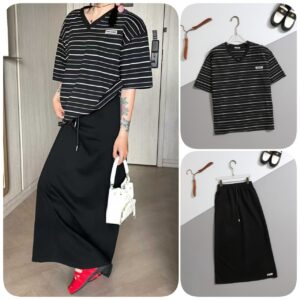 미우미우 [ miu ] 수입 스트라이프 브이넥 반팔 티셔츠 & 핀턱 밴딩 롱 스커트 SET